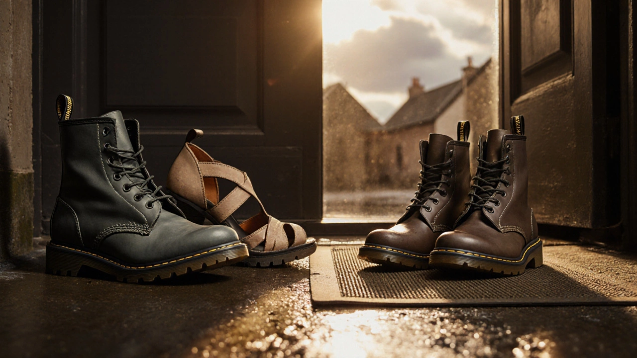 Discarded bad footwear on wet doorstep next to sturdy Irish boots on a dry mat, symbolic contrast.