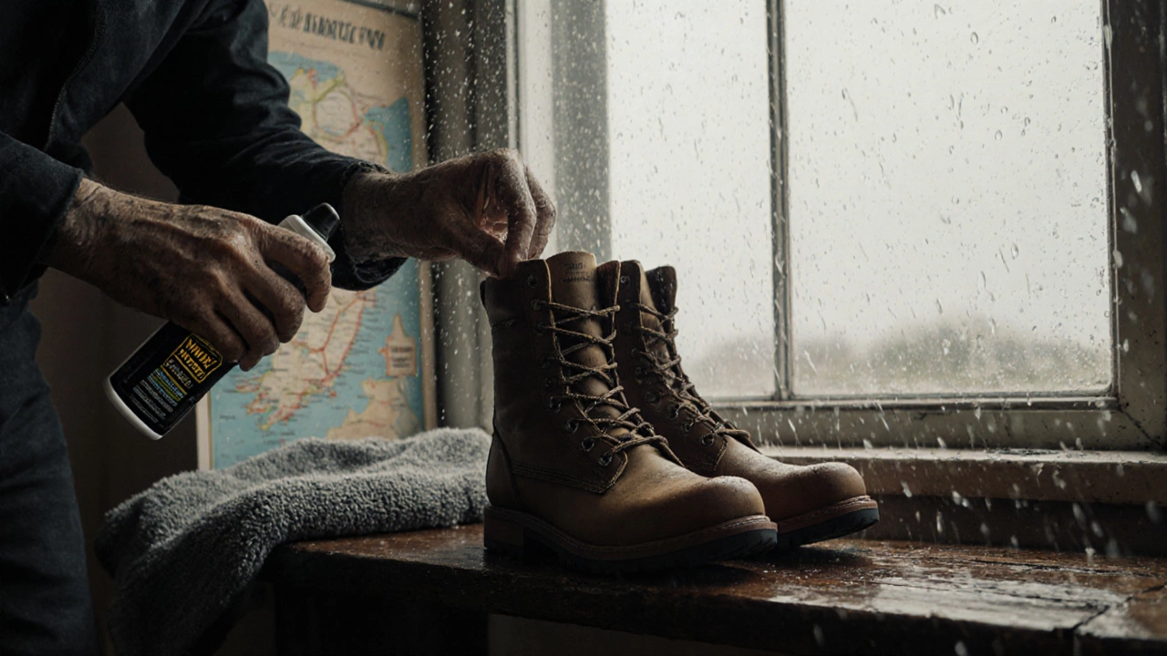 Hands applying waterproofing spray to Born boots beside leather conditioner and rainy window.
