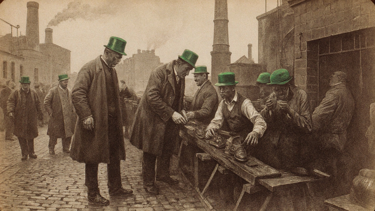 Irish immigrants working with English craftsmen in a 19th-century Northampton shoe factory.