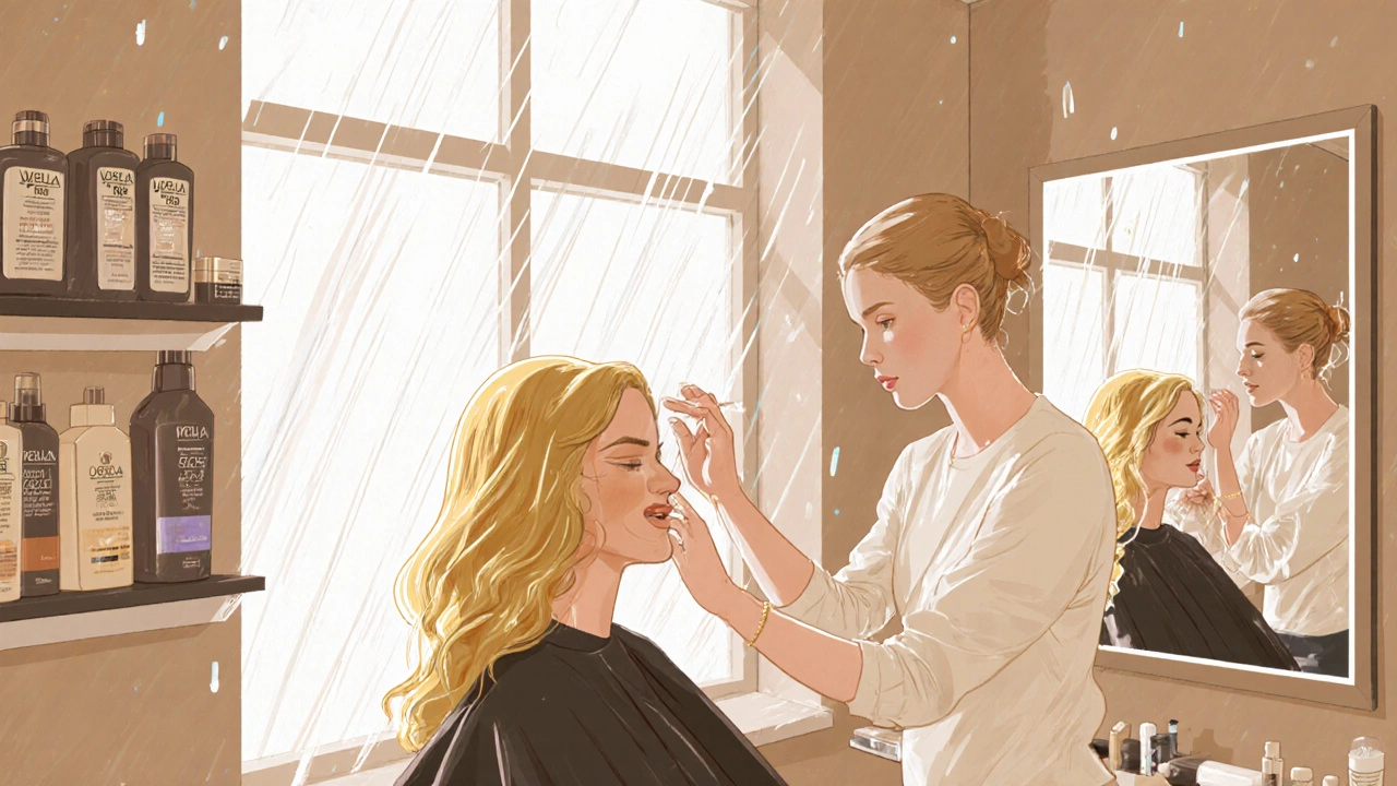 Salon stylist applying golden beige gloss to client&#039;s hair in Dublin, natural light streaming through window.
