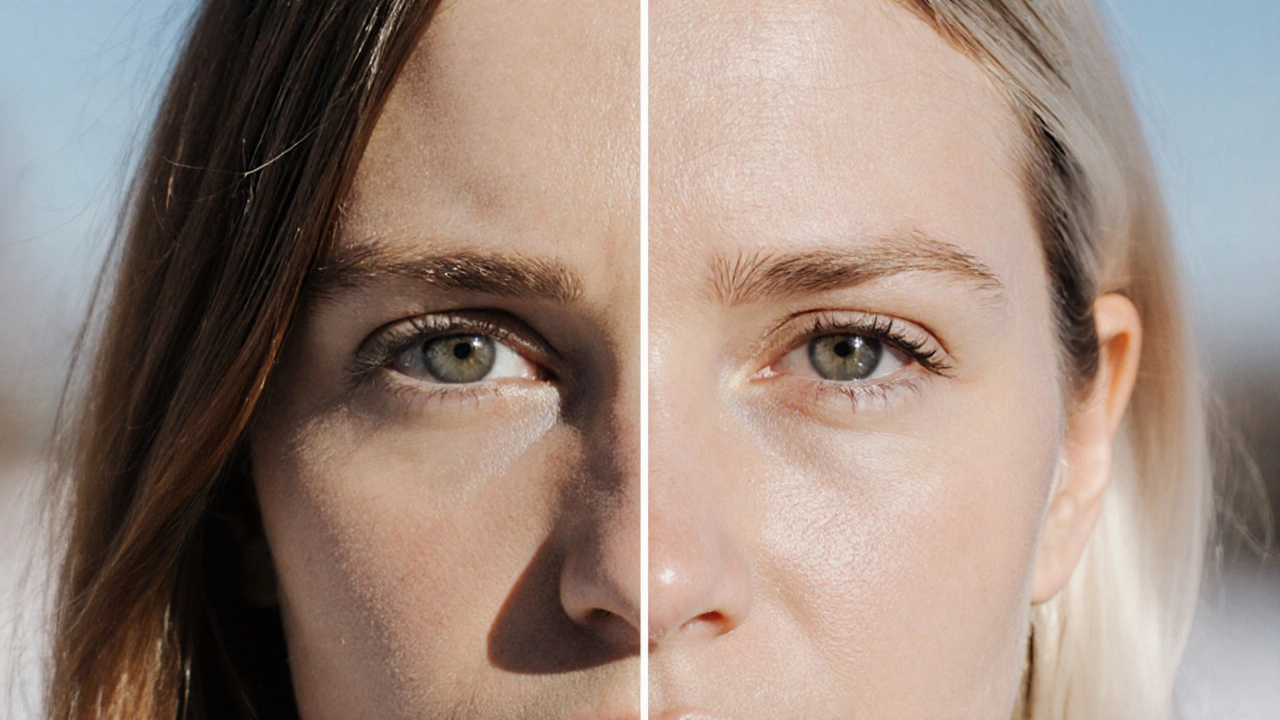 Split-face comparison: dull hair vs. luminous soft platinum ash hair under Irish daylight conditions.