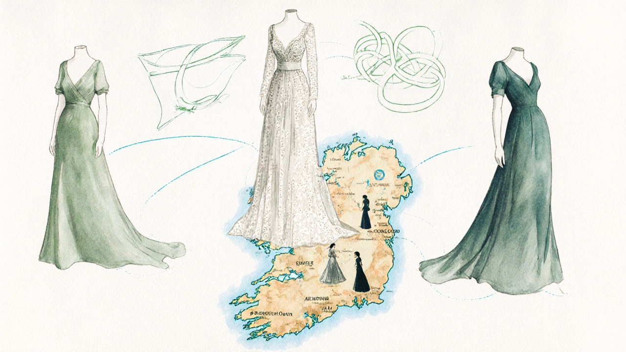 Three Irish-made evening gowns floating above a map of Ireland, connected by Celtic knotwork.