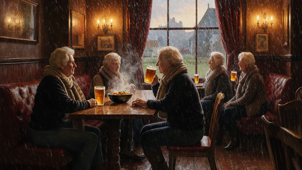 Three older women enjoy drinks in a warm Irish pub, dressed in practical denim and knits under soft lamplight.