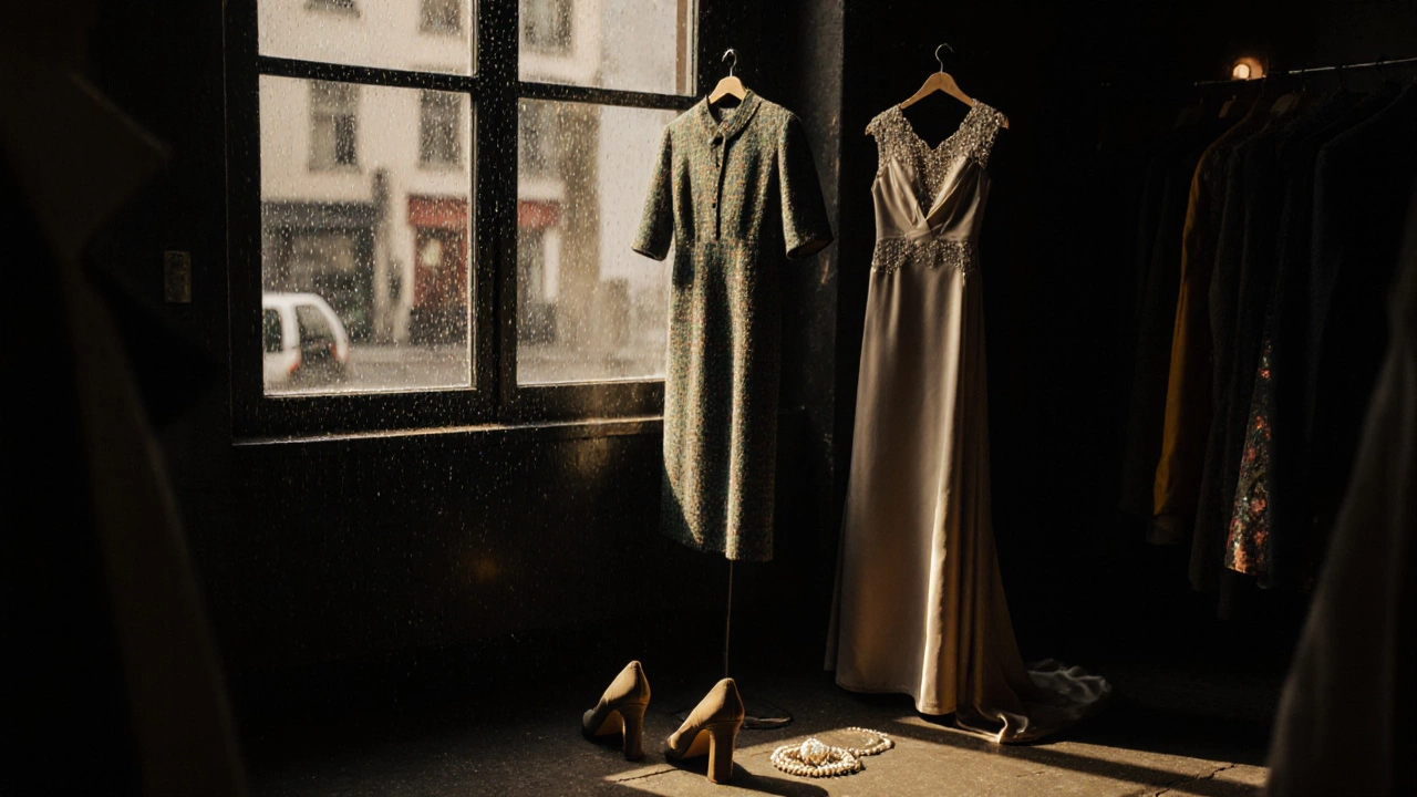 Two dresses side by side in a thrift shop — one cocktail, one evening gown — with rain on the window and pearl brooch nearby.