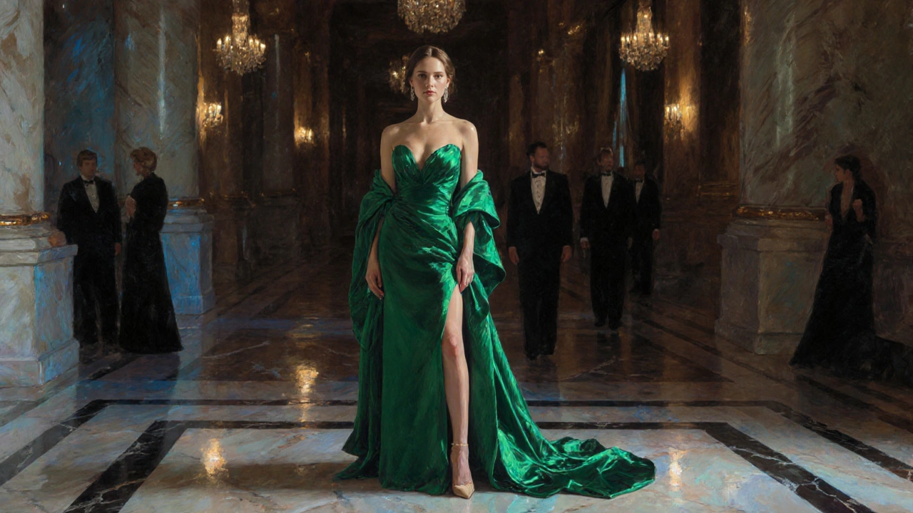 Woman in a long emerald silk evening gown with a cashmere shawl in a grand Irish ballroom lit by candles.