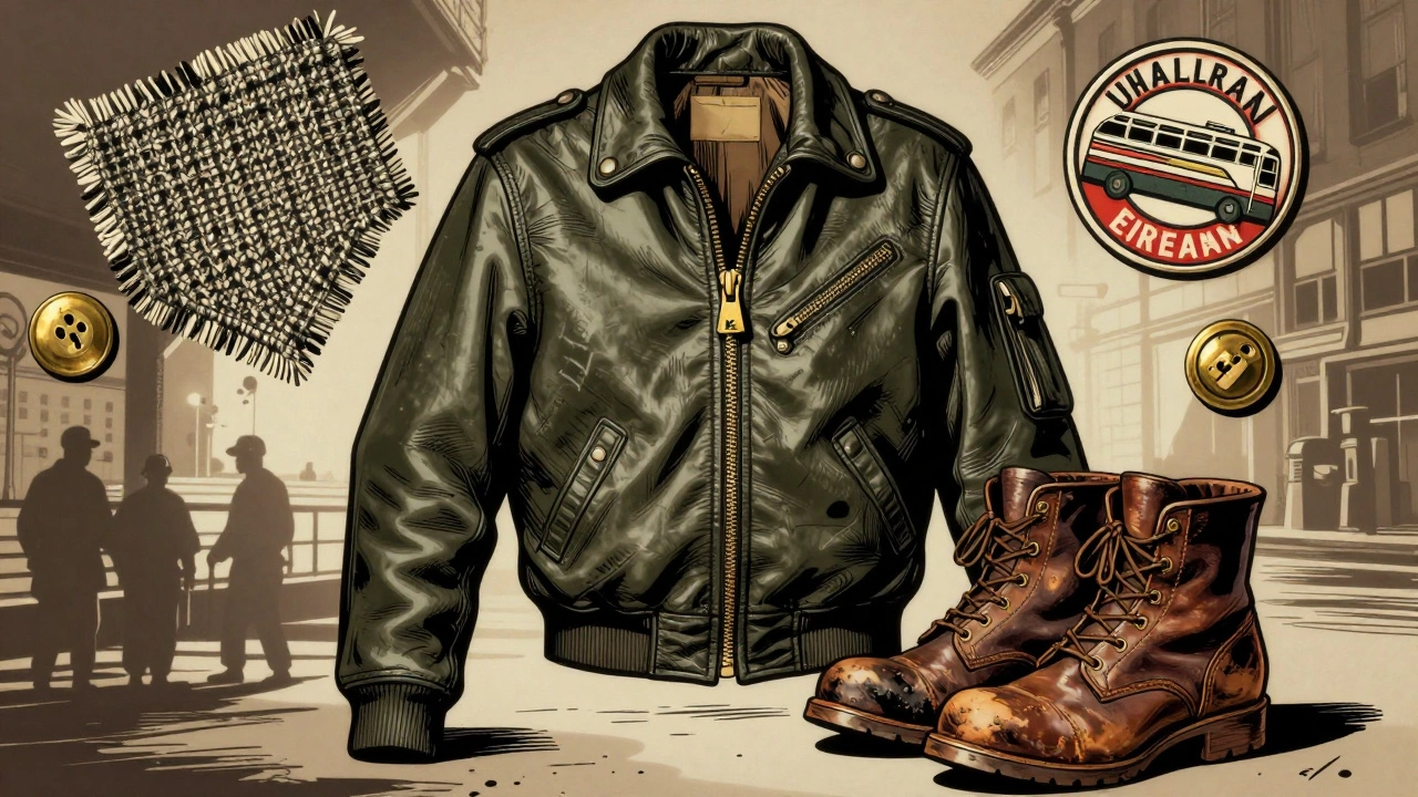 1960s leather bomber jacket with vintage zipper, horn button, and Irish patches in comic style.