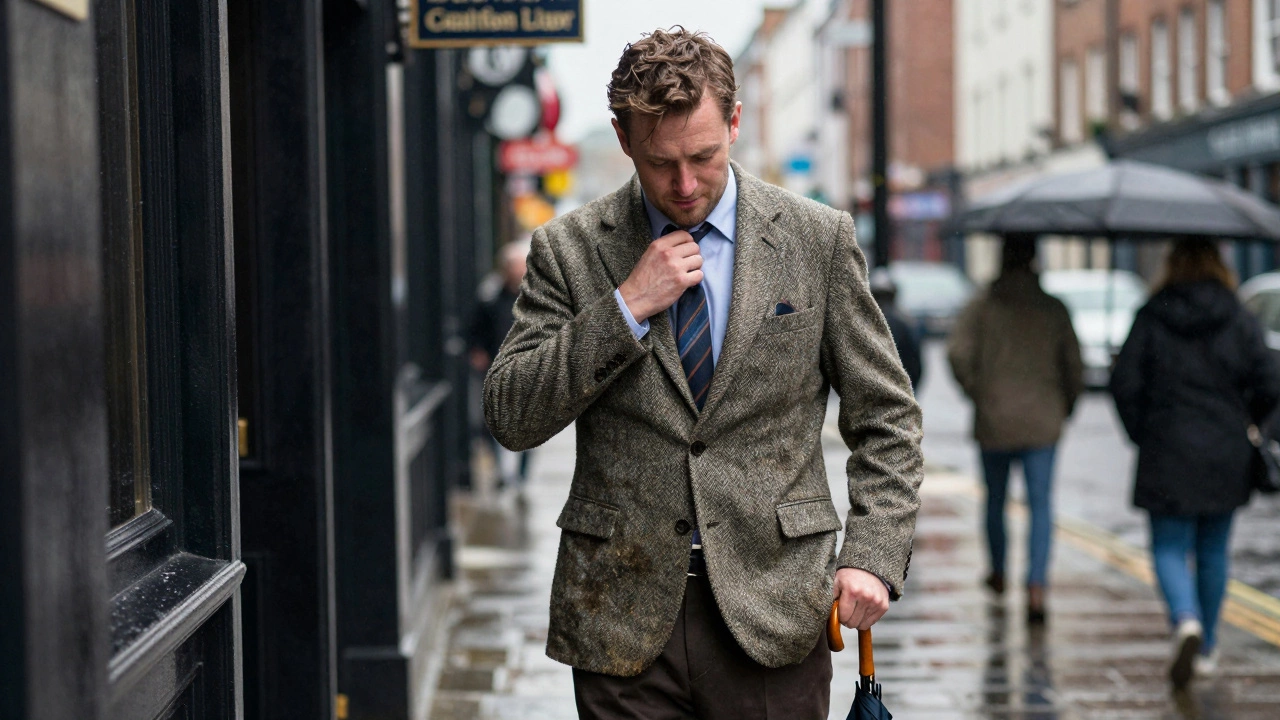 A man steps from a pub into rain, tweed suit slightly damp, compact umbrella visible in pocket, Dublin street behind.