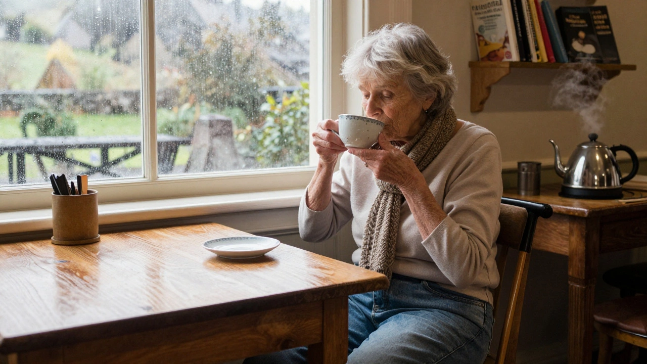 A woman in her 70s sipping tea in a cozy Irish café, wearing comfortable denim and a knitted scarf, rain on the window.