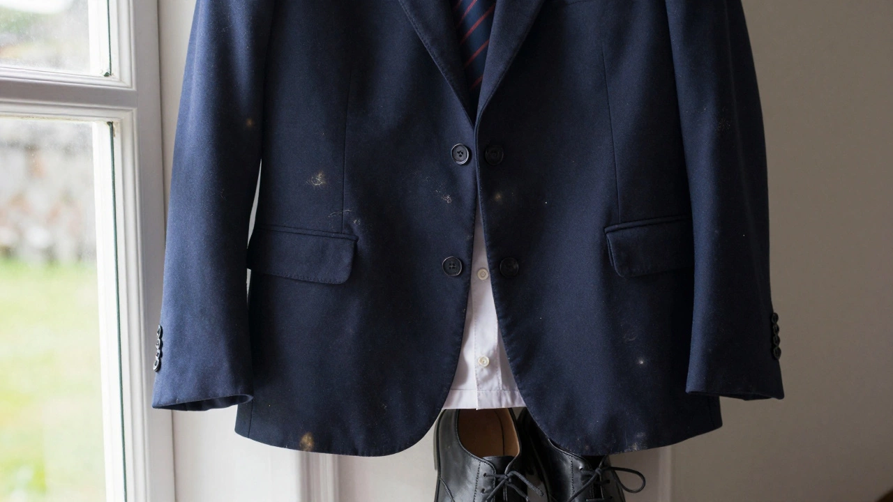 A worn navy blue school blazer hanging with shoes and shirt, symbolizing reuse.