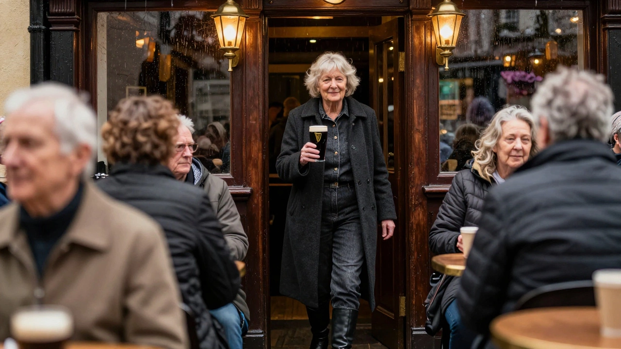 An older woman entering a traditional Irish pub in jeans and coat, holding a pint, warmly accepted by the atmosphere.