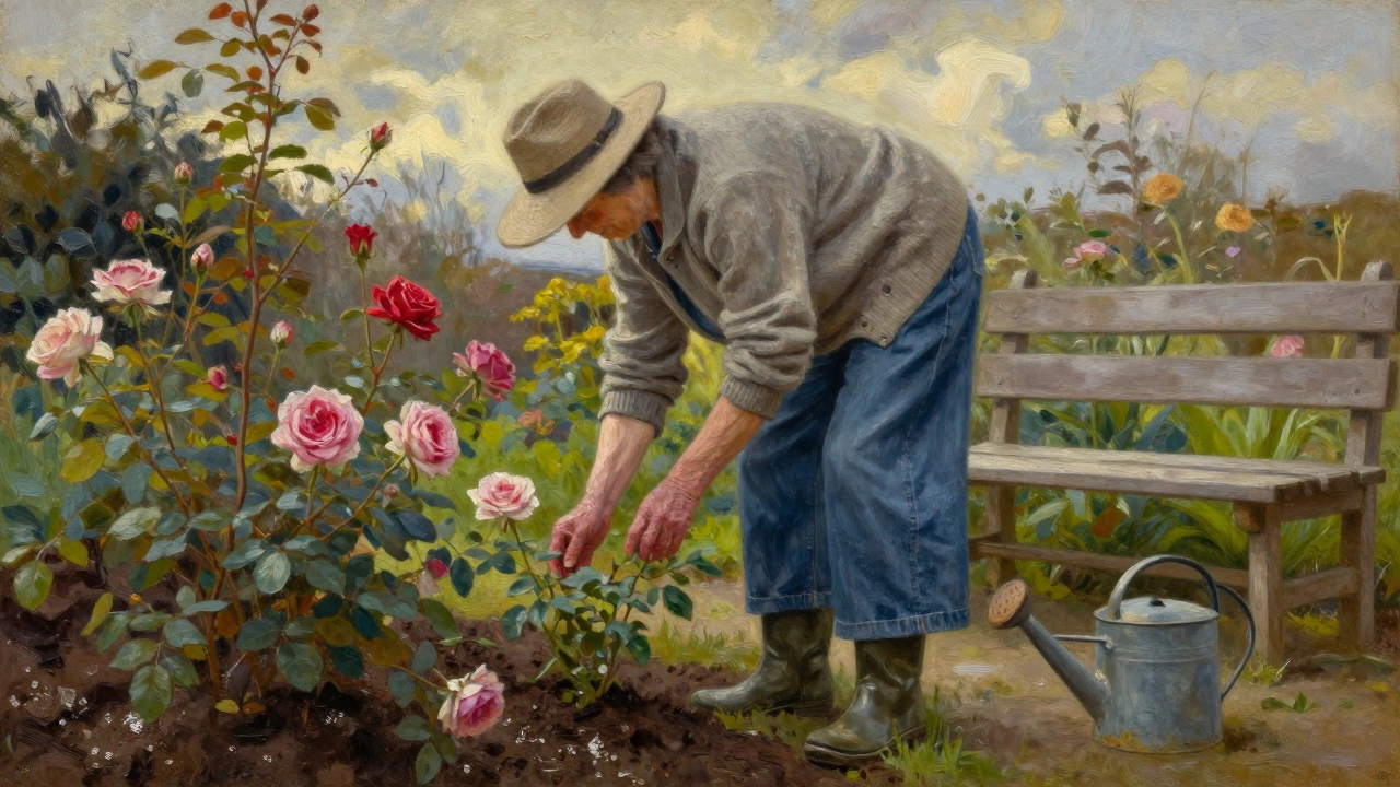 An older woman gardening in wide-leg jeans and wellies, surrounded by roses and damp soil in Cork.
