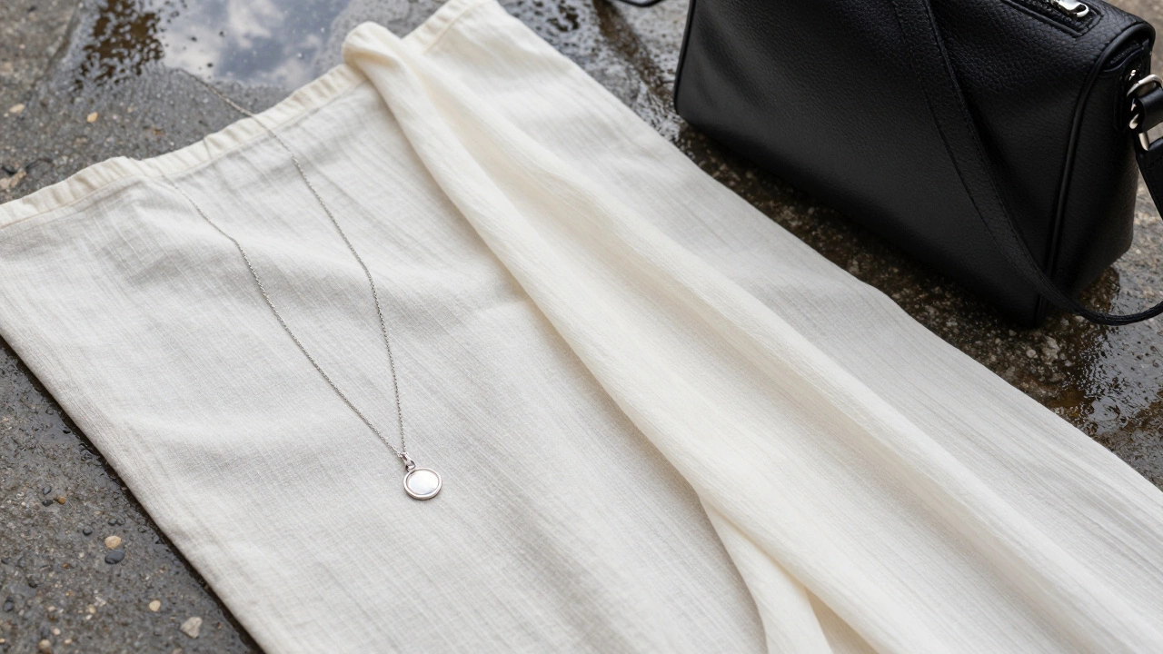 Close-up of breathable summer fabrics—linen, voile, rayon—with pendant and crossbody bag on damp stone.