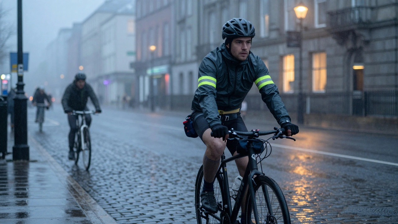 Cyclist commuting in Belfast fog wearing reflective jacket and thermal gear, riding past wet streets under dim morning lights.