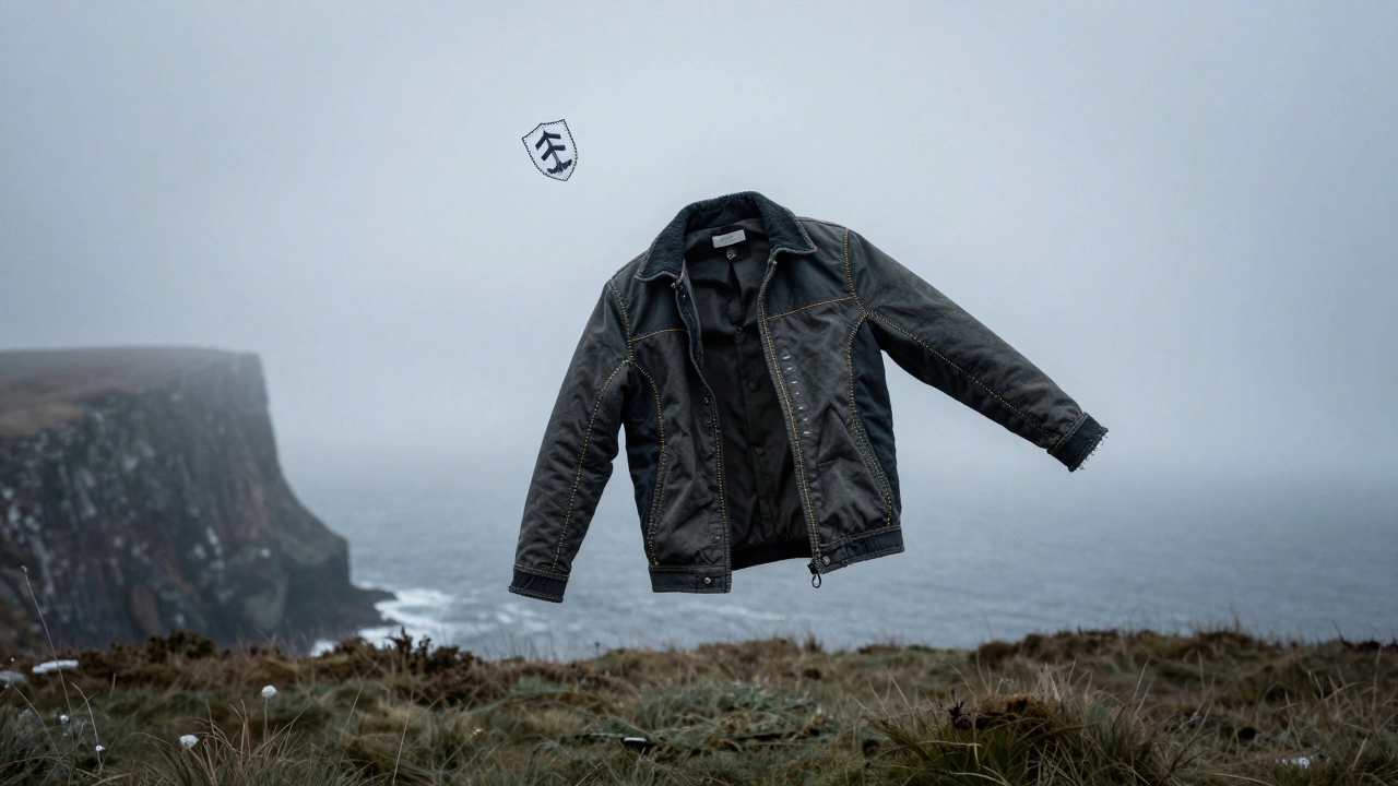 Empty Irish jacket floating in misty Donegal landscape with glowing seams and GAA patch.