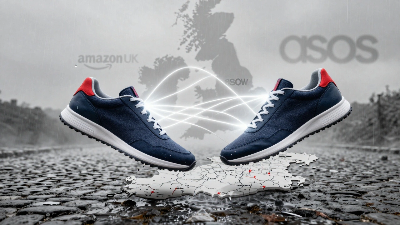 Floating English trainers above map of Ireland and England, connected by shipping threads and raindrop motifs.