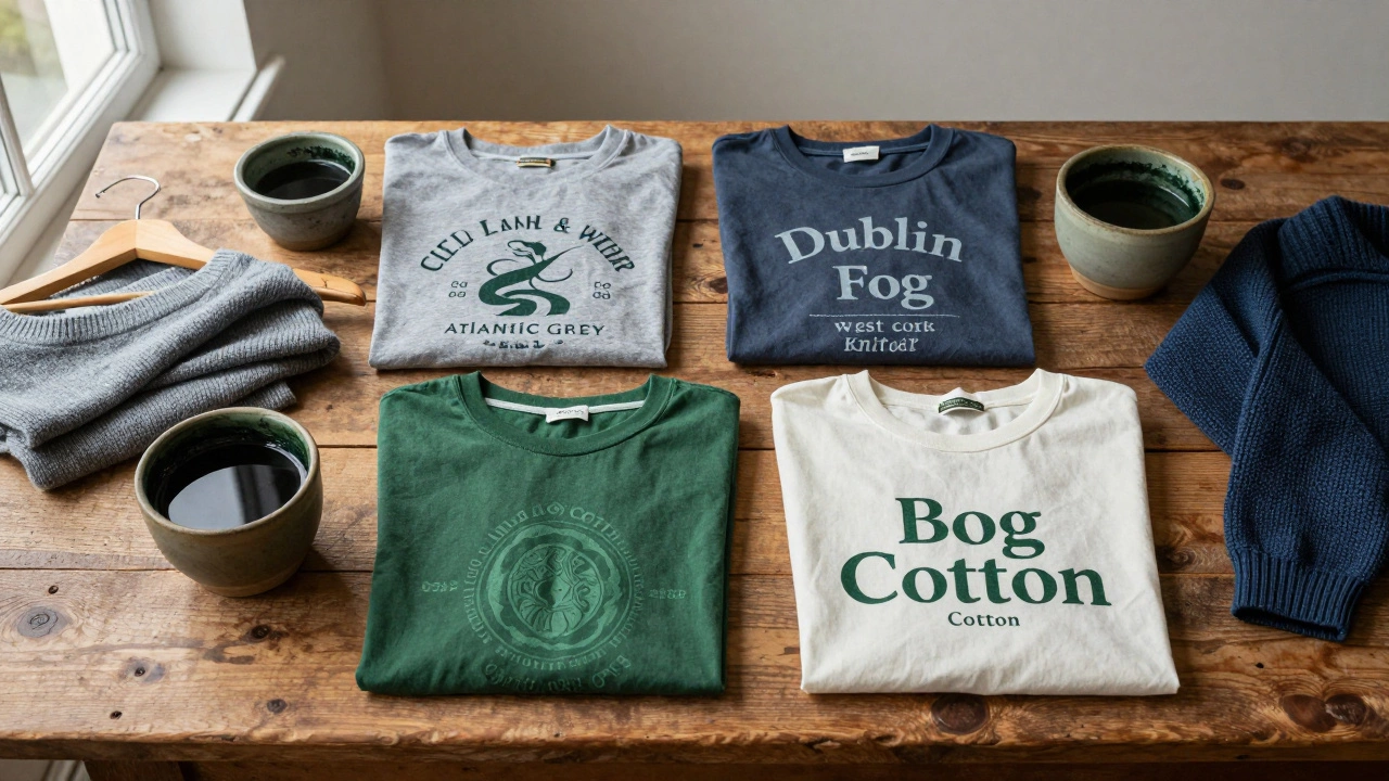 Four Irish-made t-shirts laid out with natural dyes and wool sweater on wooden table.