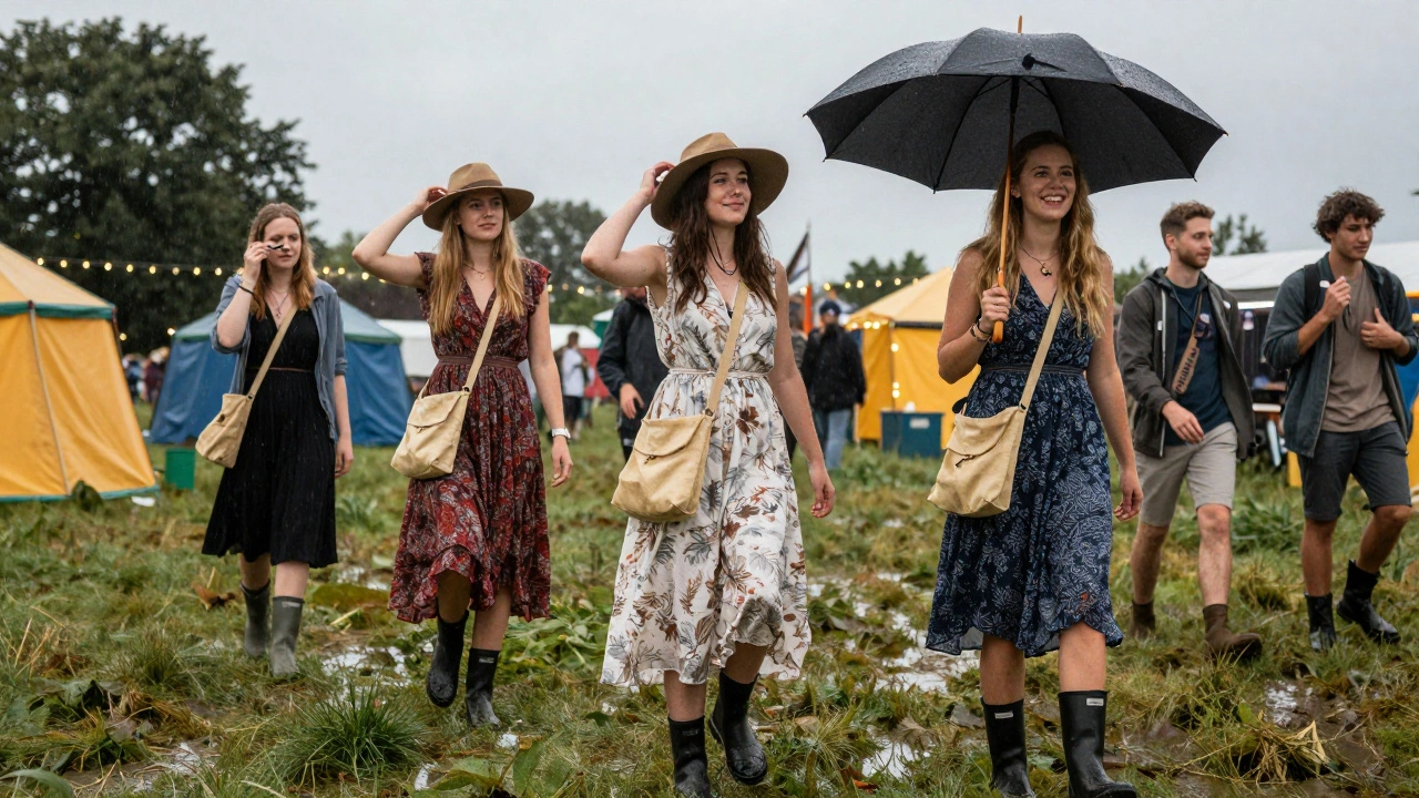 Friends at a festival wearing dresses with waterproof boots and crossbody bags in light rain.