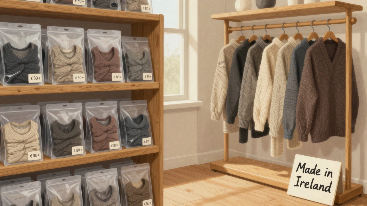 Handmade wool sportswear displayed beside mass-produced imported activewear on shelves.