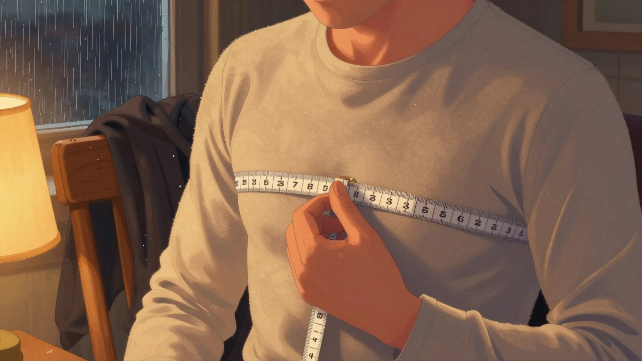 Hands measuring chest with tape measure over a thermal shirt, hoodie nearby, warm indoor lighting.