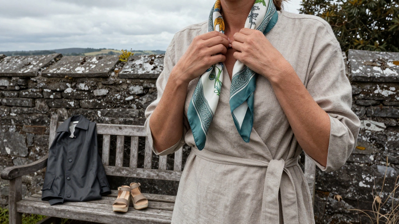 Hands tying a Celtic-print silk scarf around the neck beside a stone wall in Kilkenny.