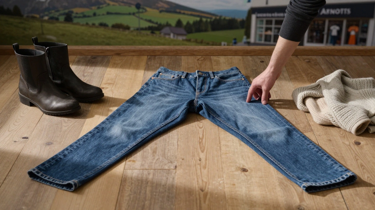 High-waisted Penneys jeans laid flat with boots, showing subtle shaping panel and soft fabric texture.
