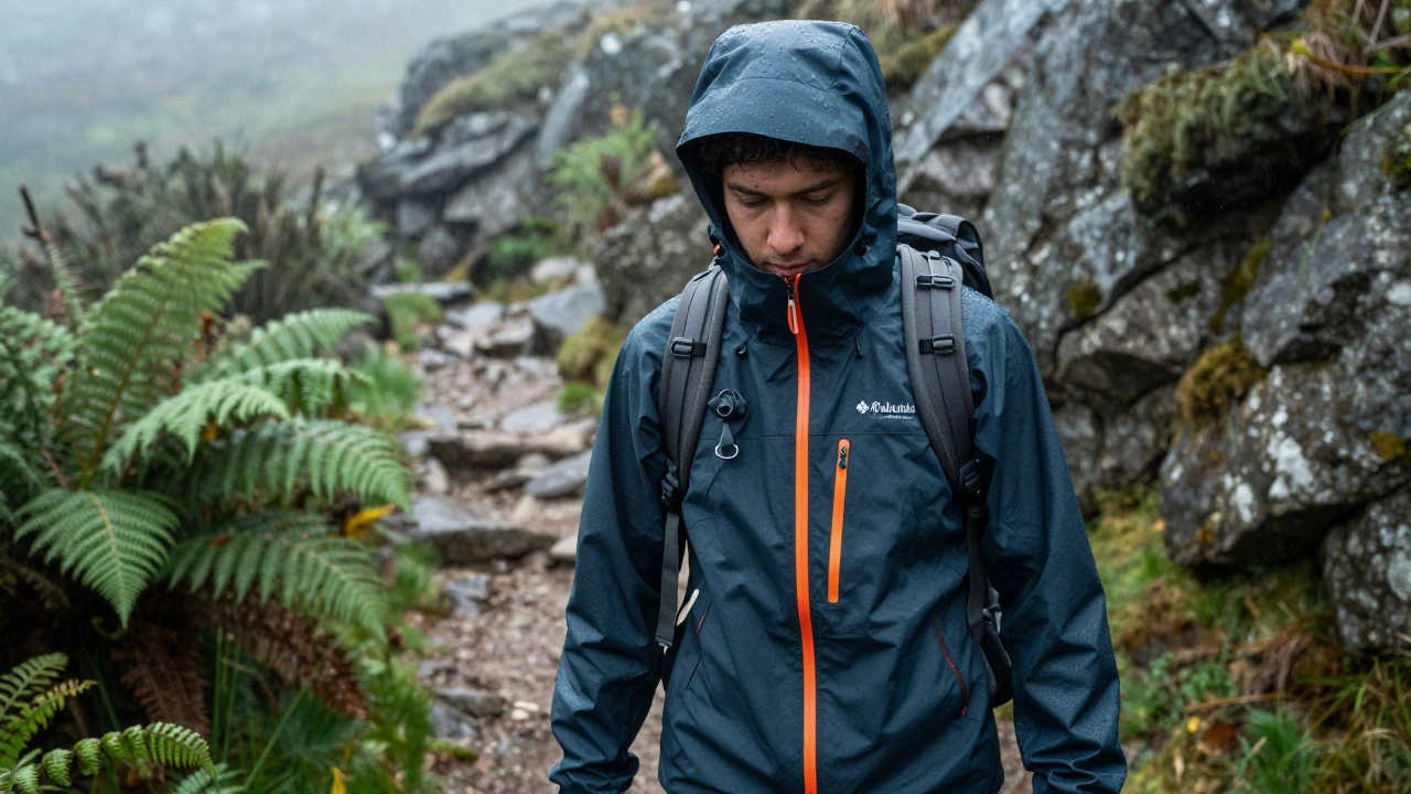 Hiker in waterproof jacket on misty Wicklow Mountains trail with adjustable hood.