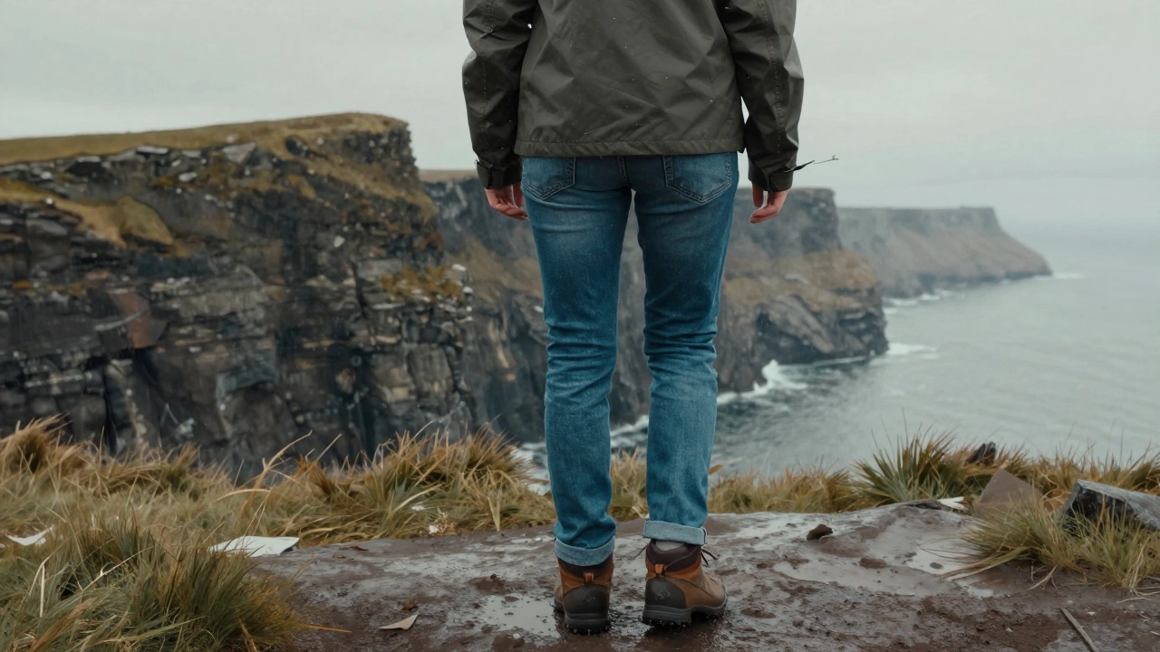 Hiker on Cliffs of Moher wearing practical denim in drizzly Irish weather.