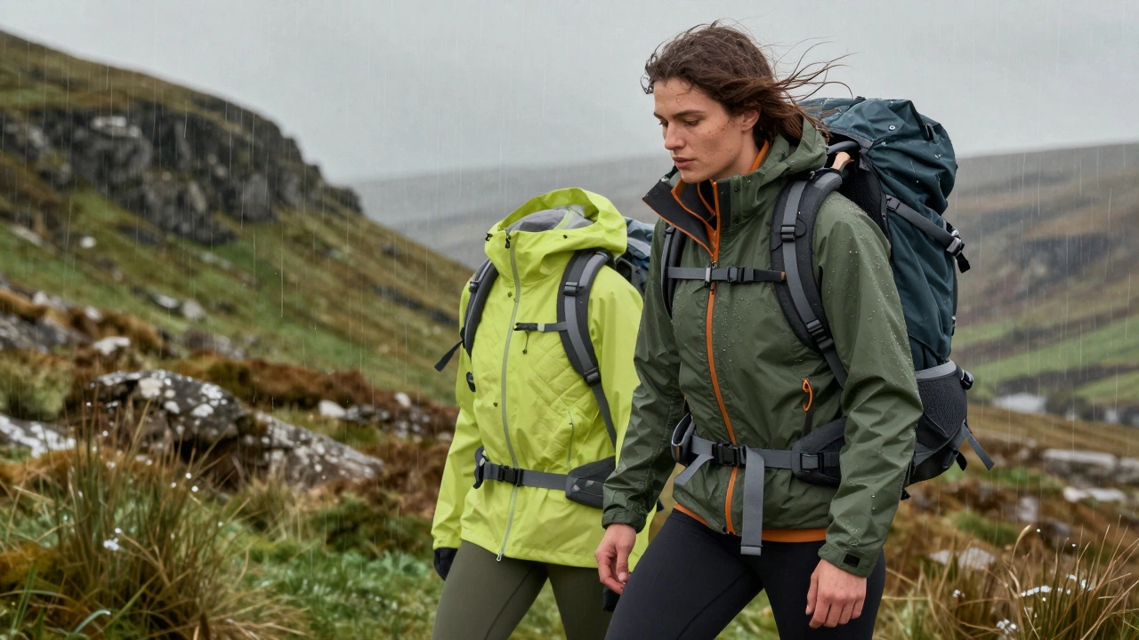 Hiker on Wicklow Way with three-layer activewear system, backpack with packed rain shell, surrounded by wet green hills.