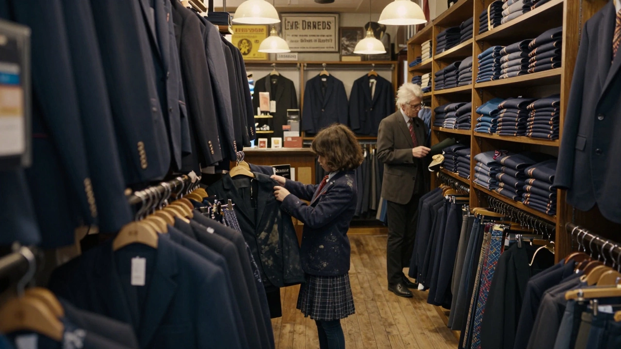 Parents browsing second-hand navy school uniforms in a cozy shop.