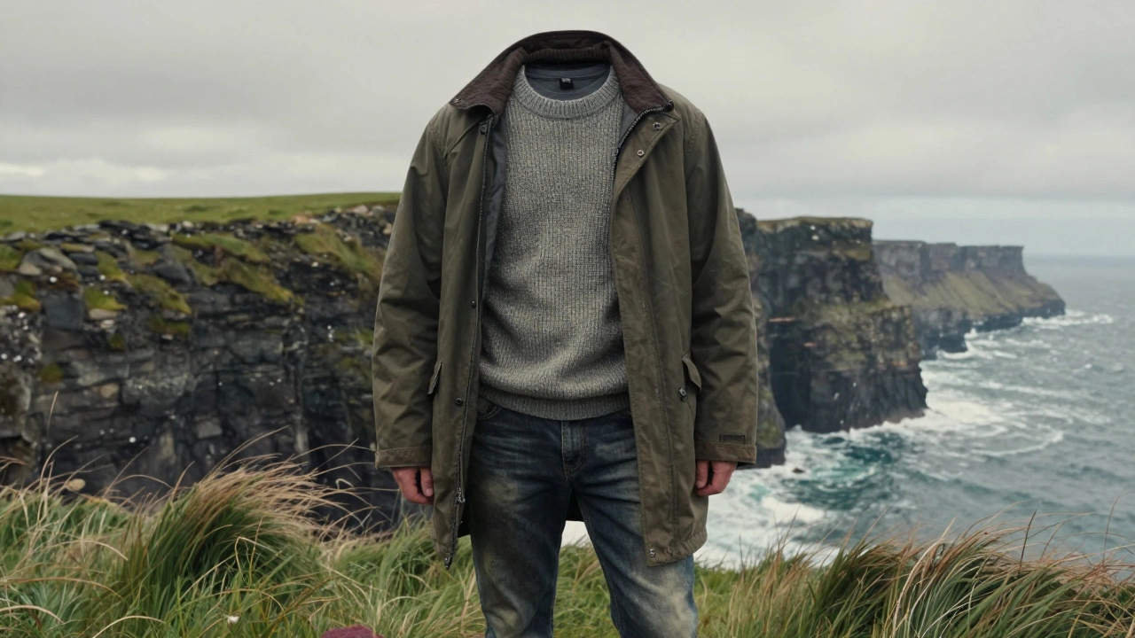 Person at Cliffs of Moher dressed in charcoal t-shirt, Aran sweater, and waterproof jacket, wind blowing through grass.