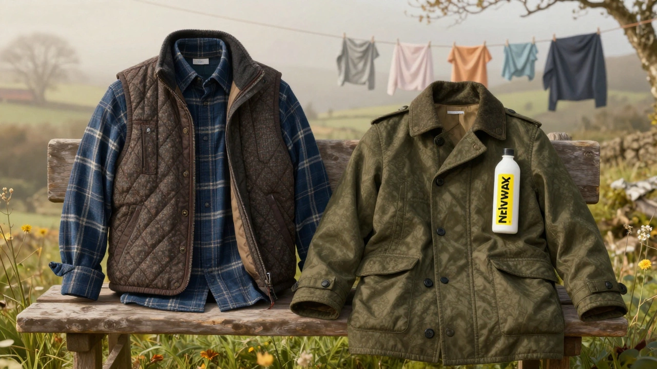 Quilted vest, pea coat, and field jacket draped on wooden bench in Irish countryside.