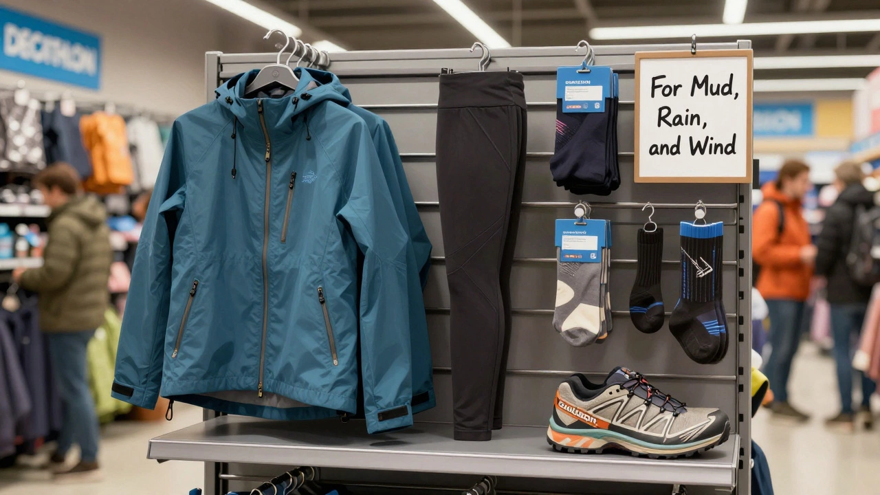 Retail shelf in an Irish outdoor store displaying waterproof jackets, fleece leggings, and trail shoes.