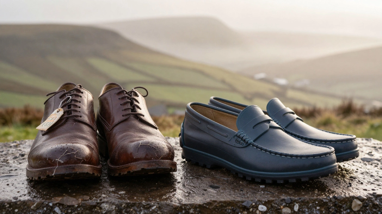 Side-by-side comparison: damaged leather shoe vs. waterproof modern loafer on wet stone.