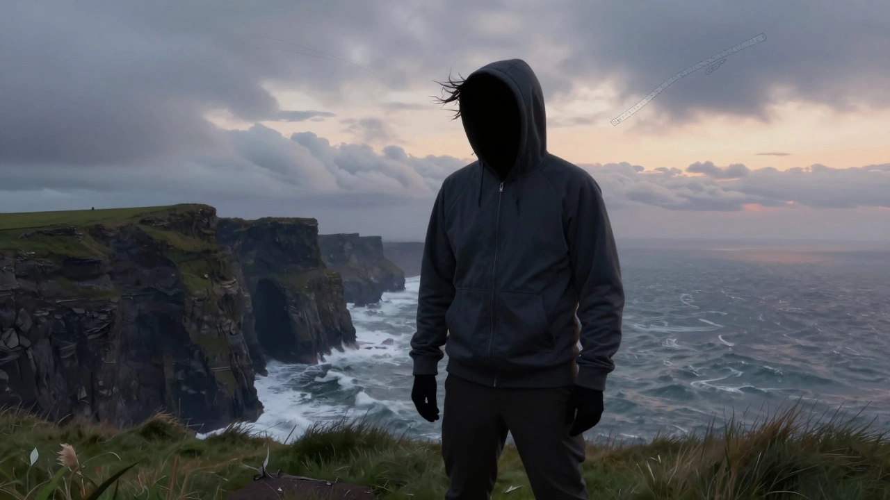 Silhouette of hiker on Irish cliffs wearing a functional hoodie, wind lifting hood, stormy sky above.