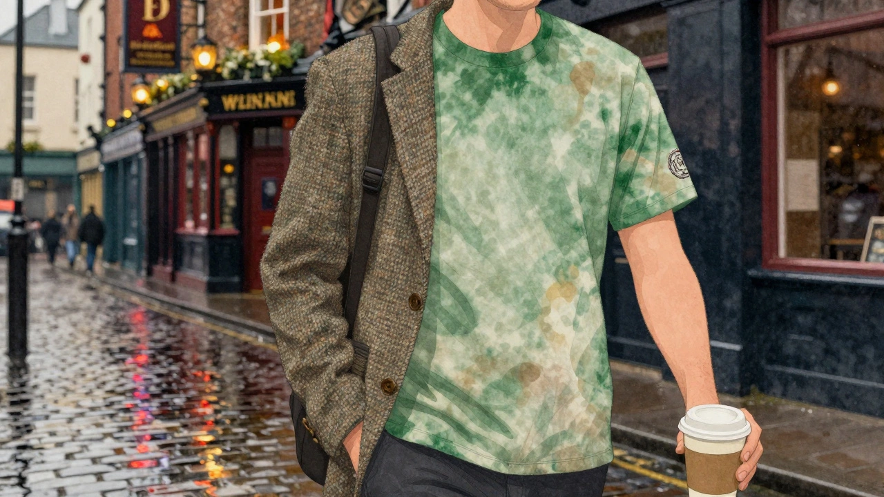 Someone wearing a subtle Irish-made t-shirt walking through rainy Temple Bar at dusk.