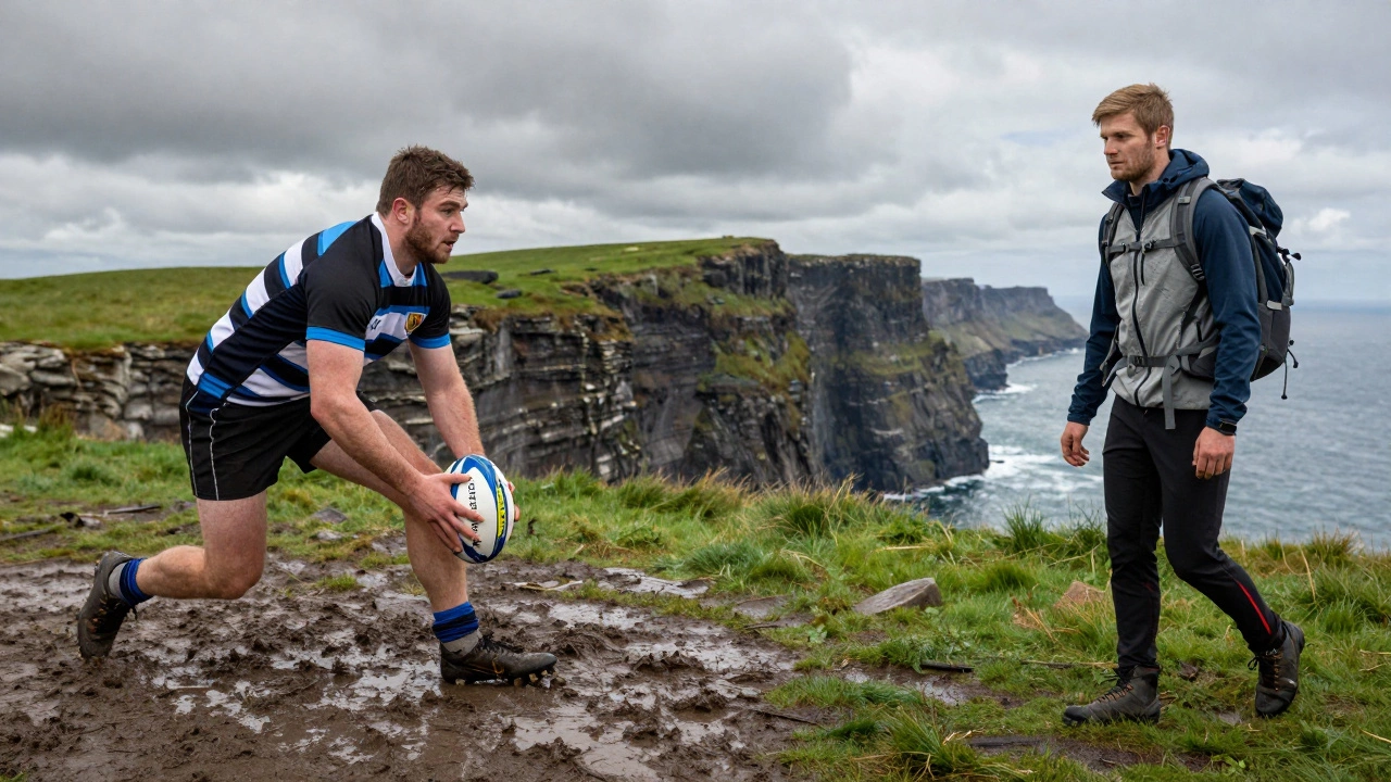 Split scene: rugby player on muddy pitch and hiker on Cliffs of Moher, representing sportswear vs activewear.