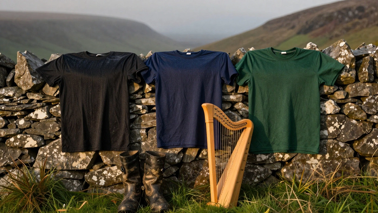 Three damp t-shirts in black, navy, and green draped on a stone wall beside boots, with a small harp emblem in Connemara.