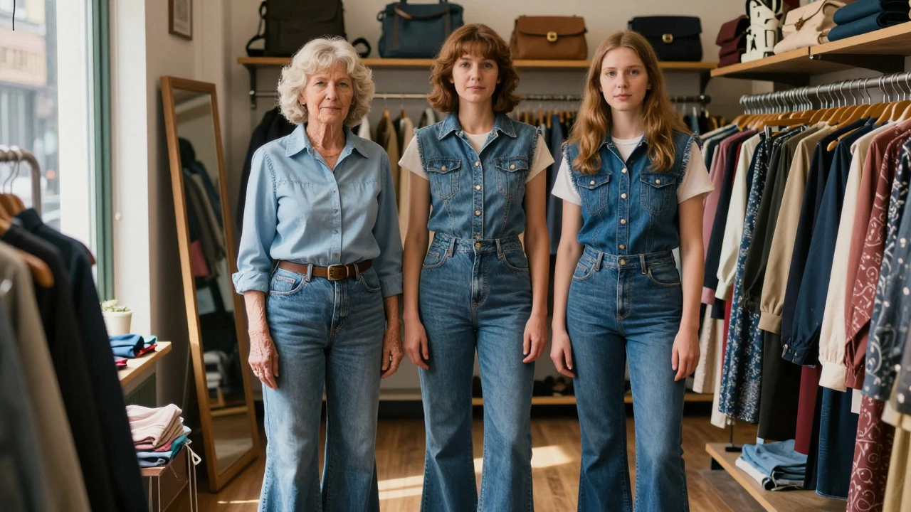 Three generations of Irish women holding different styles of wide-leg jeans in a cozy thrift shop.