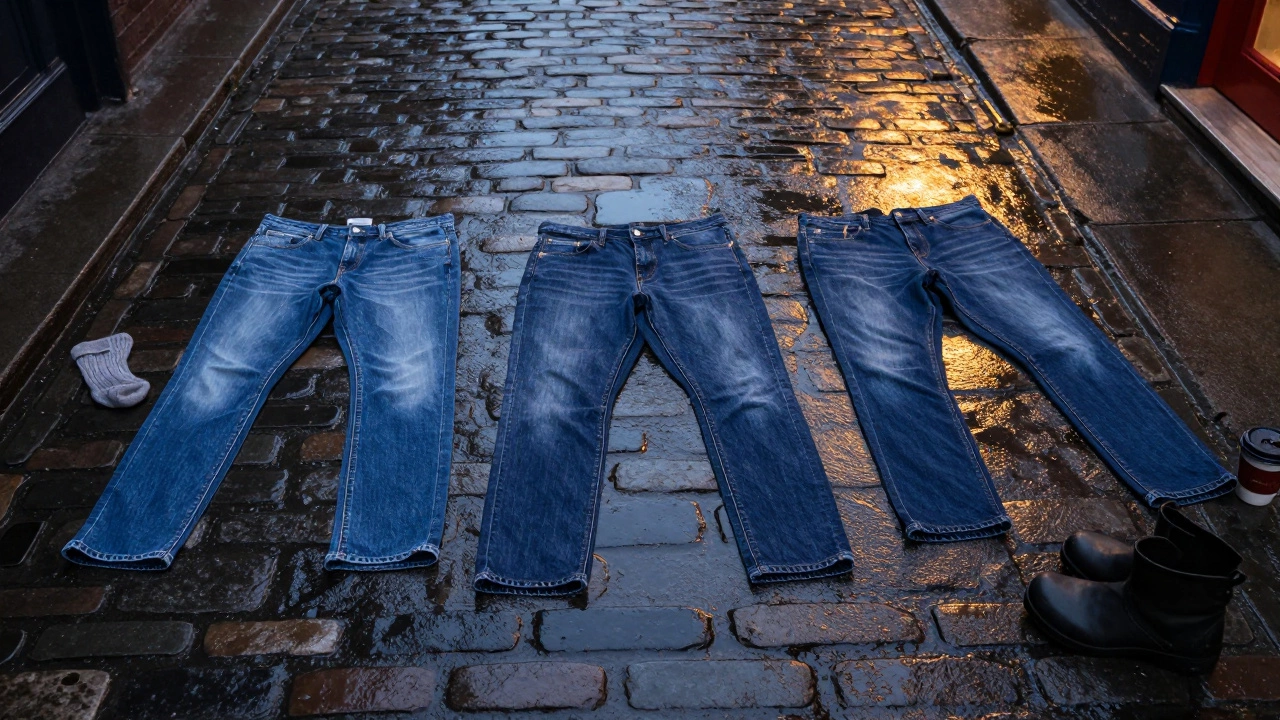 Three jeans on wet cobblestones: too tight, too loose, and just right.