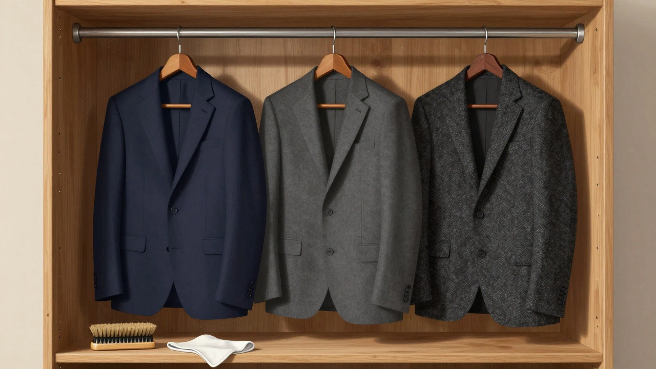 Three suits—navy, grey, and tweed—hang in a cedar wardrobe with brushing tools nearby, rain streaking the window.