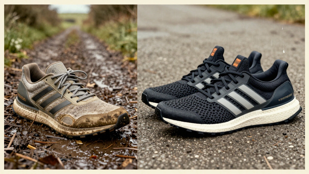 Vintage illustration comparing worn Irish sneakers to durable English trainers with technical details highlighted.