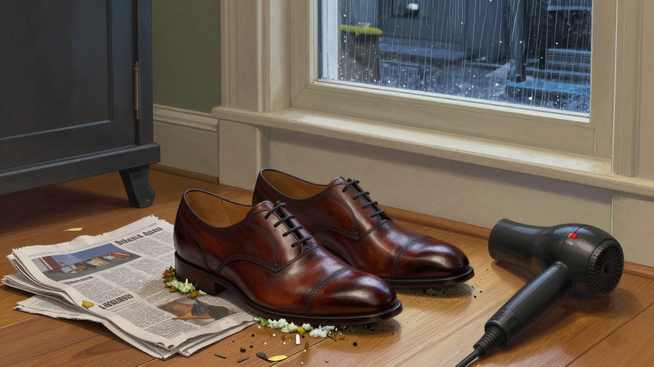 Wet leather shoes drying indoors with mold and newspaper, rain visible through a window.
