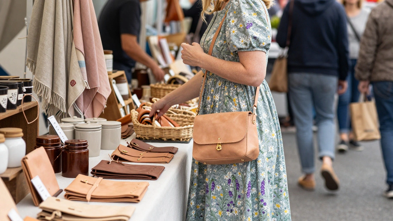 Woman browsing handmade leather goods at Galway market in a muted floral dress with crossbody bag.