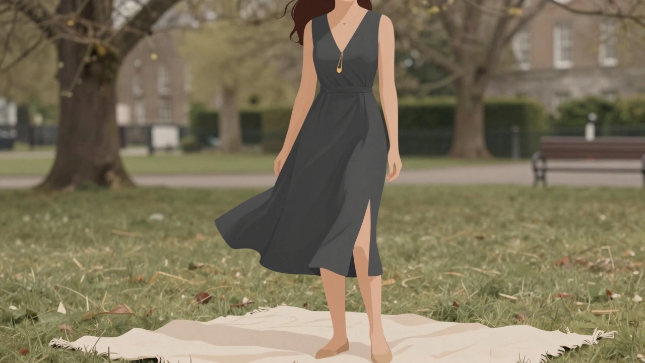 Woman picnicking in Dublin in a charcoal rayon dress with gold pendant and nude flats, surrounded by park trees.
