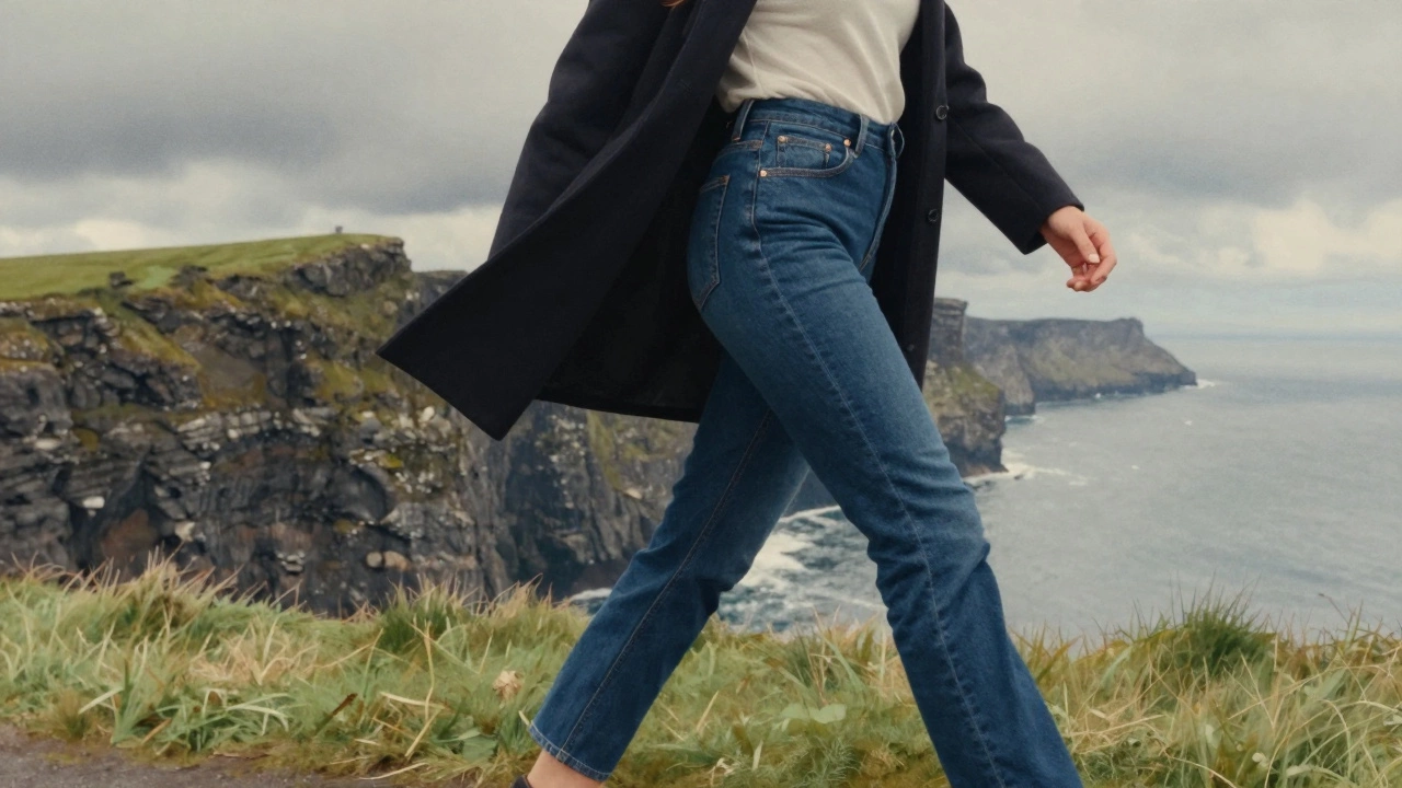 Woman walking confidently along the Cliffs of Moher in dark, high-waisted jeans with a flowing coat.