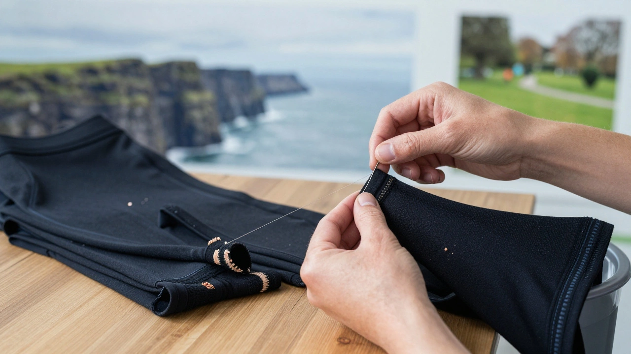 Worn running tights being repaired by hand, beside discarded fast-fashion leggings.