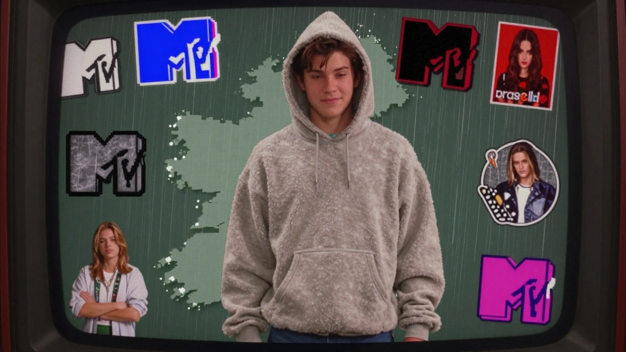 1990s TV screen showing a Canadian teen in a hoodie with pop culture icons, overlaid with Irish rain and map.