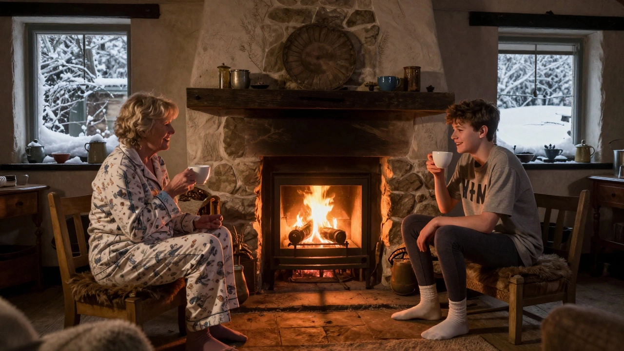 A family relaxing by a fireplace in Ireland, wearing different styles of sleepwear.