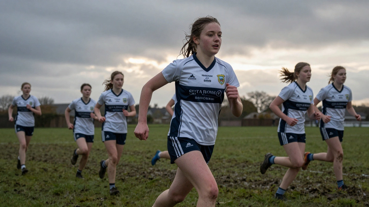 A girl in a camogie jersey sprints across a muddy Irish field, wearing a sports bra under her uniform.