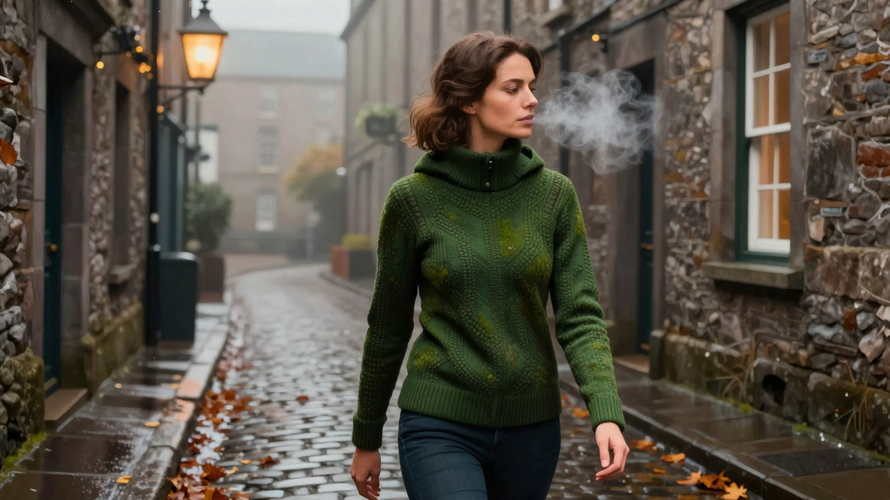 A modern woman in Galway walking through a misty alley in a moss-stitch pullover jacket.